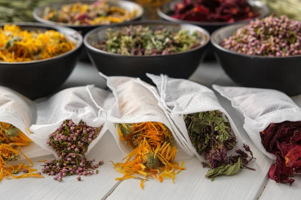 Filter Tea Bags Filled Dry Medicinal Herbs Bowls Medicinal Plants — Stock Photo, Image