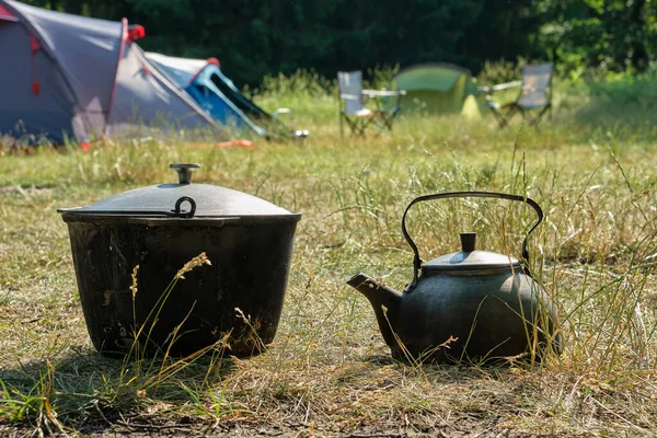 Tourist Camp Kettle Tourist Cooking Pot Camping Tents Folding Chairs — Stock Photo, Image