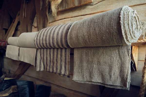 Rolls Natural Linen Fabric Wooden Shelf Retro Shop — Stock Photo, Image