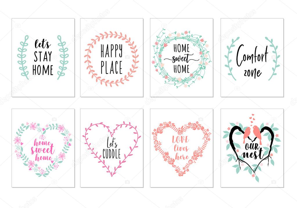 Home sweet home art prints, quotes wall art, set of vector graphic design elements