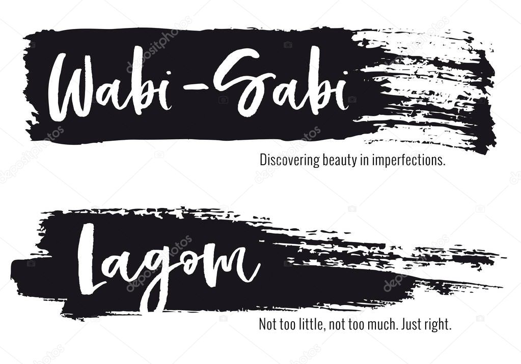Wabi Sabi, Lagom, life concept, paint stroke background, set of vector graphic design elements