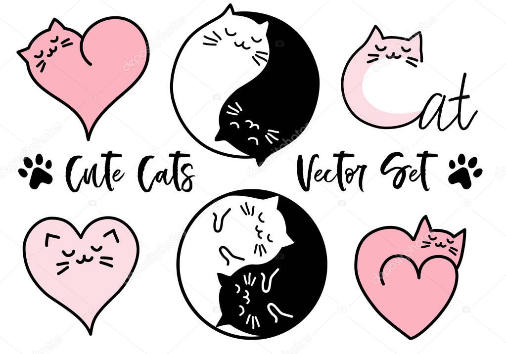 Cute cats yin yang sign, heart symbol, set of vector design elements