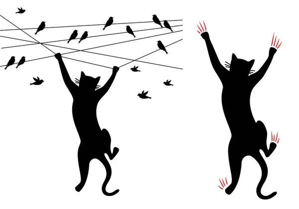 Gato Escalando Pared Con Arañazos Colgando Alambre Con Pájaros Ilustración — Vector de stock