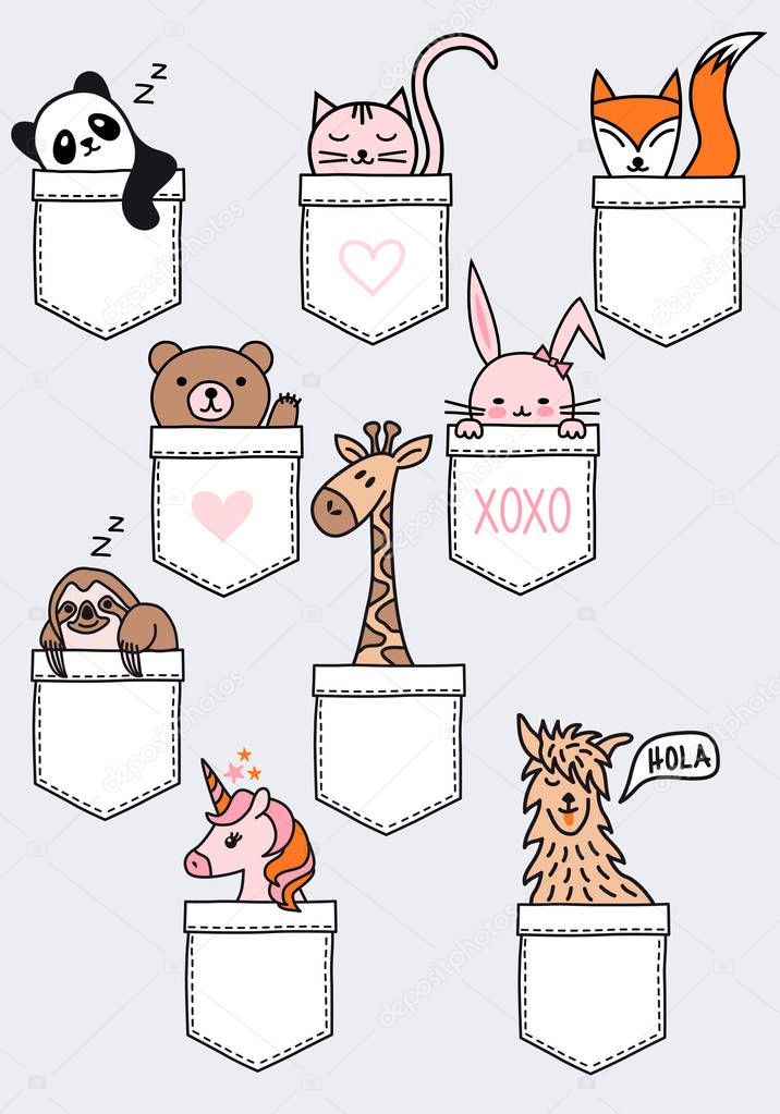 Cute baby animals in a pocket, vector set