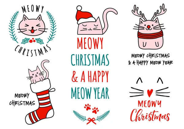 Meowy Natal Com Gatos Bonitos Doodle Desenhado Mão Conjunto Elementos — Vetor de Stock