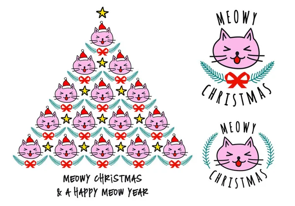 Albero Natale Con Facce Gatto Simpatico Kawaii Vettoriale Illustrazione Cartoline — Vettoriale Stock