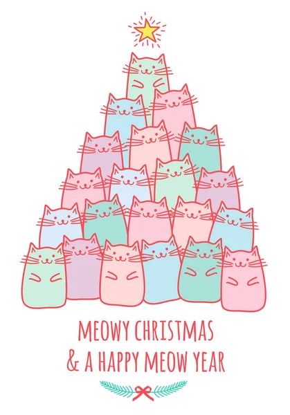 Cartão Natal Com Gatos Kawaii Bonitos Meowy Natal Desenho Doodle — Vetor de Stock