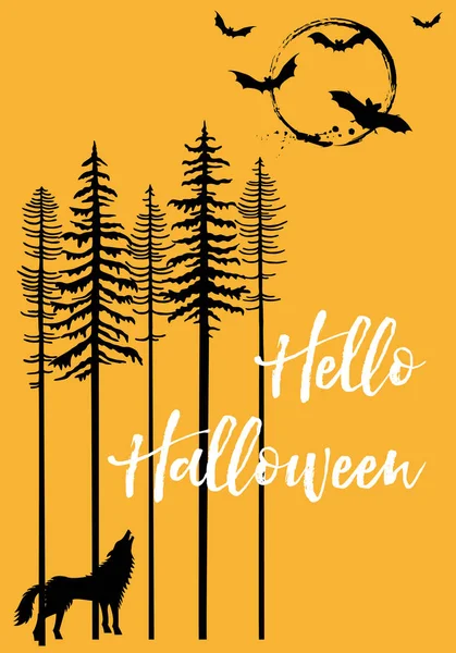 Sfondo Halloween Con Alberi Lupo Ululante Luna Pipistrelli Volanti Illustrazione — Vettoriale Stock