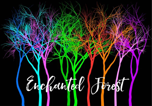 Forêt Mystérieuse Enchantée Avec Des Arbres Colorés Lumineux Illustration Vectorielle — Image vectorielle