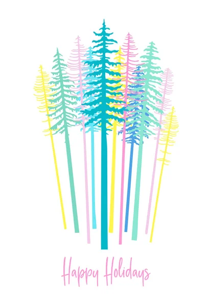 Moderne Kerstkaart Met Pastel Gekleurde Fir Tree Forest Vectorillustratie — Stockvector