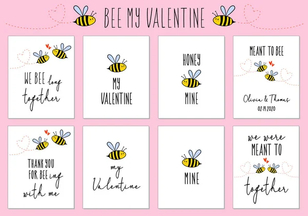 Kartki Walentynki Cute Pszczoły Cytaty Zestaw Elementów Projekt Wektor — Wektor stockowy