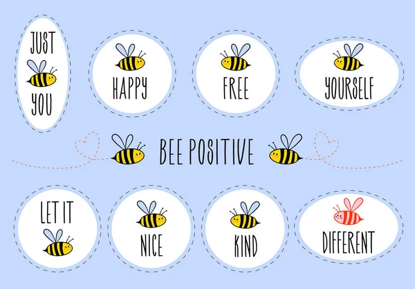 Motivational Stickers Quotes Happy Free Yourself Kind Different Set Vector — Διανυσματικό Αρχείο