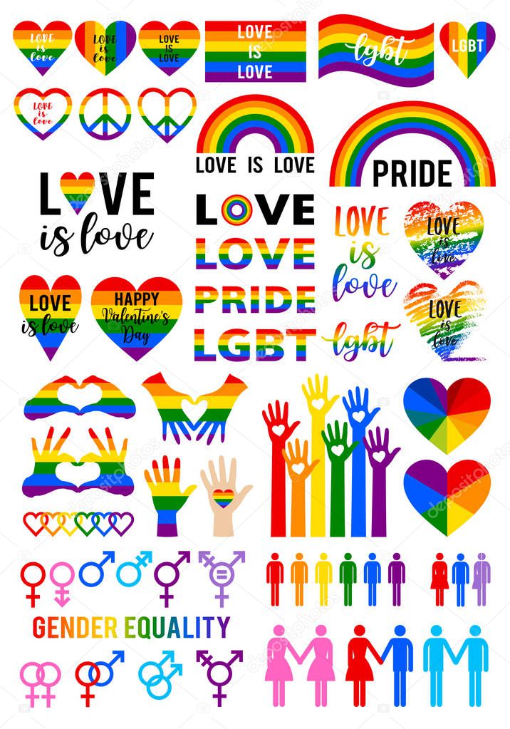 Love is love, LGBT, gay, pride, rainbow flag, heart symbols, hand signs, gender icons, set of vector graphic design elements