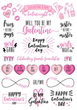 Galentines günü kartları, kadınlar günü, feminist karalamalar, vektör tasarım öğeleri