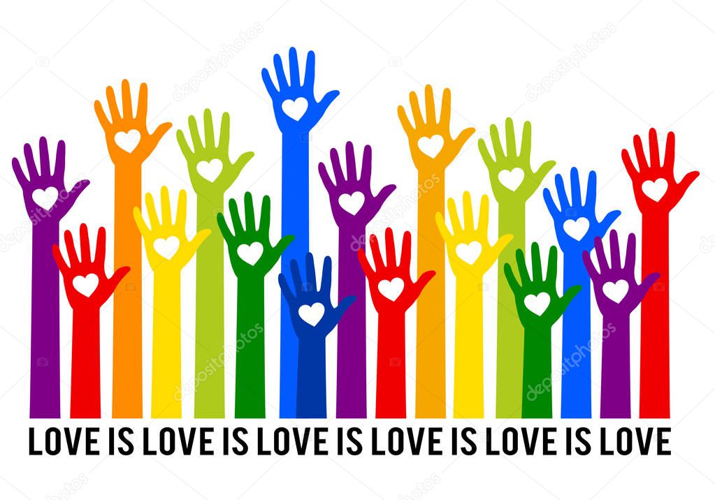 Rainbow hands with hearts, love is love, lgbt, gender equality, vector background