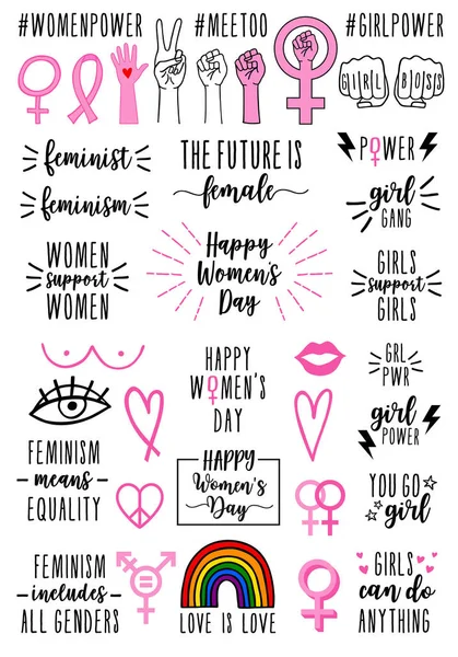 Signos Símbolos Feministas Iconos Dibujados Mano Letras Mano Citas Conjunto — Vector de stock