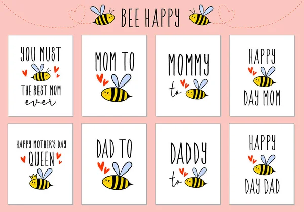 Día de la madre, tarjetas del día del padre con abeja linda, vector conjunto — Archivo Imágenes Vectoriales
