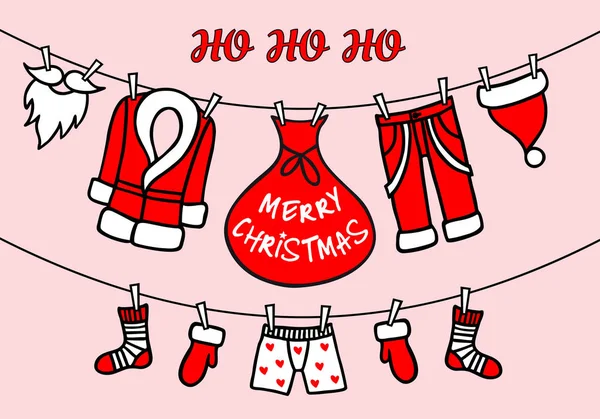 Santa Claus Clothesline, roze vector kerstkaart — Stockvector