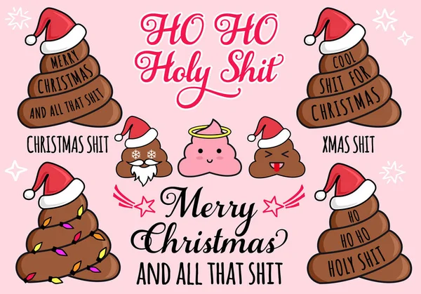Αστείες Χριστουγεννιάτικες κάρτες με κακάκια emoji και καπέλο Σάντα, σύνολο διανύσματος — Διανυσματικό Αρχείο