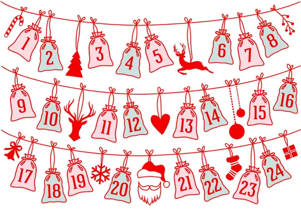 Calendario de Adviento con bolsas de Navidad, conjunto de vectores — Archivo Imágenes Vectoriales