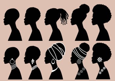 Siyah güzellik, Afrikalı kadınlar, profil siluetleri, vektör illüstrasyon seti
