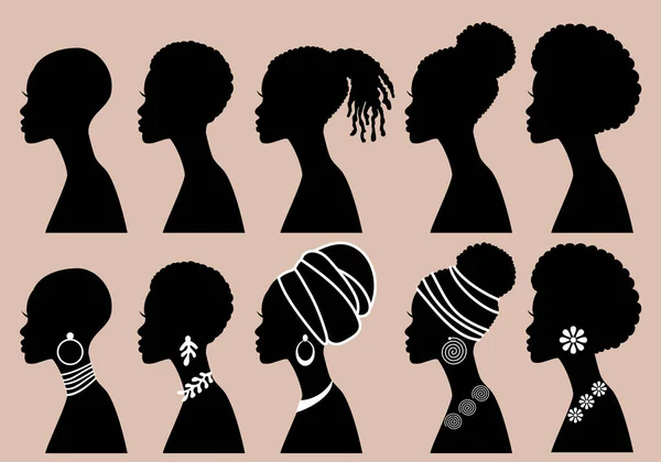 Černá Krása Africké Ženy Profilové Siluety Vektorová Ilustrační Souprava — Stockový vektor