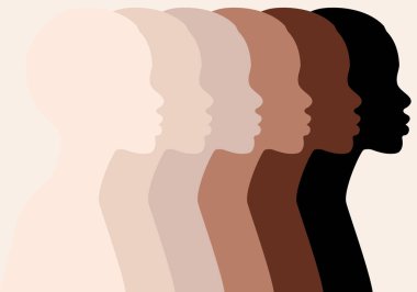 Afrikalı kadın, siyah güzellik, profil siluetleri, farklı ten renkleri, renkli insanlar, vektör illüstrasyonu