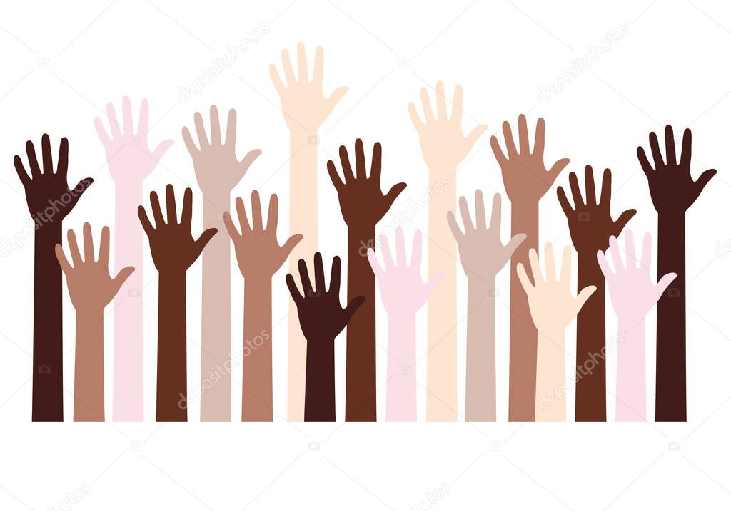 Human hands with different skin colors, people of color, black lives matter, blm, fight against racism, vector background