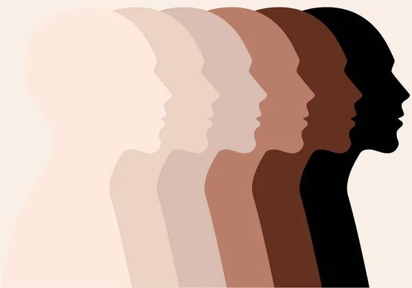 Cabezas Masculinas Siluetas Perfil Diferentes Colores Piel Personas Color Ilustración — Vector de stock