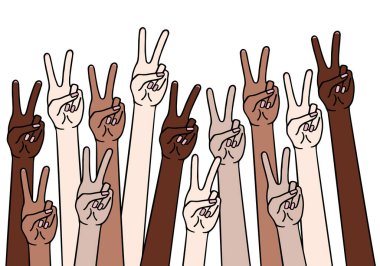Barış işareti olan kadın eller, zafer sembolü, farklı ten renkleri, ırkçılık karşıtı konsept, siyah, hayat meselesi, vektör çizimi, el çizimi