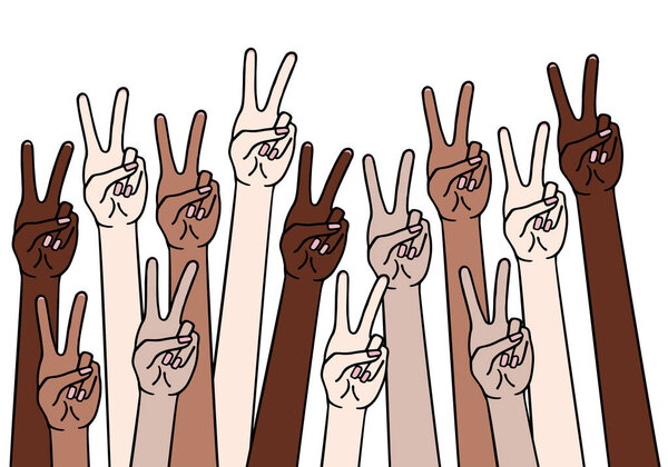 Female hands with peace sign, victory symbol, different skin colors, anti racism concept, black, lives matter, vector illustration, hand drawing