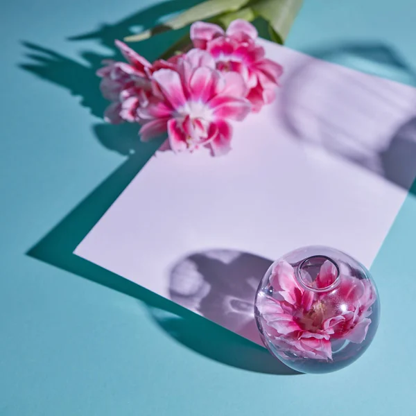 Cartolina Decorata Con Tulipani Rosa Vaso Vetro Sfondo Blu — Foto Stock