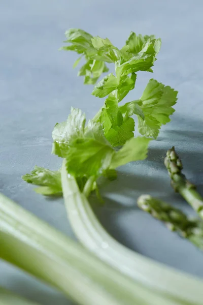 Sedano Biologico Asparagi Sfondo Grigio Cemento Cibo Vegano — Foto Stock