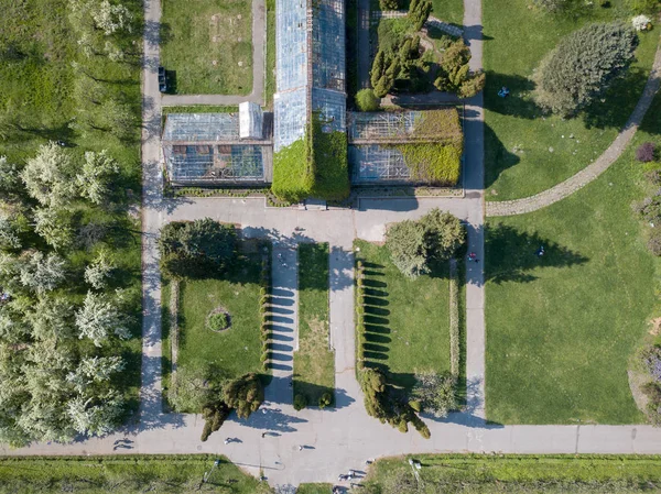 Légifelvételek Kijevi Városi Panorámát Kiállítási Pavilonok Park Tavaszi Délután Kék — Stock Fotó