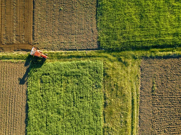 Widok Lotu Ptaka Ciągników Pracujących Dziedzinie Lato Prac Rolniczych — Zdjęcie stockowe