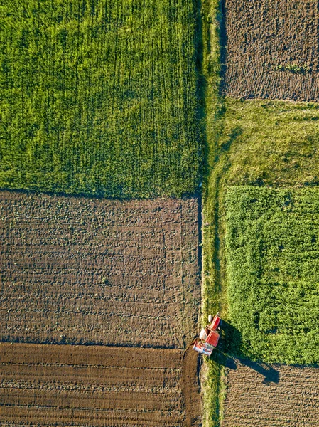 yaz alanında, tarım iş çalışan traktörün havadan görünümü