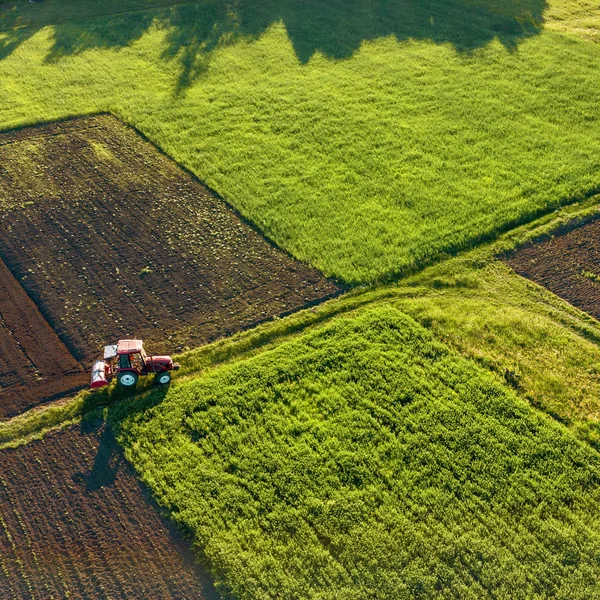 夏の畑 農作業のトラクターの航空写真 — ストック写真