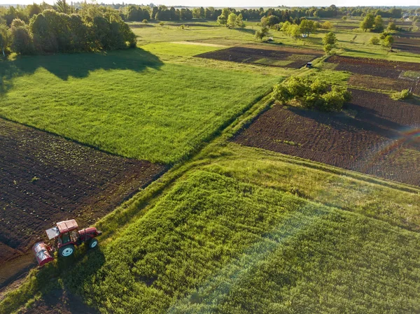 Aerial View Tractor Working Summer Field Agricultural Work — Stock Photo, Image