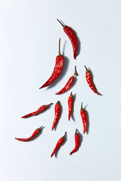 干热红辣椒不同大小的白色背景 — 图库照片