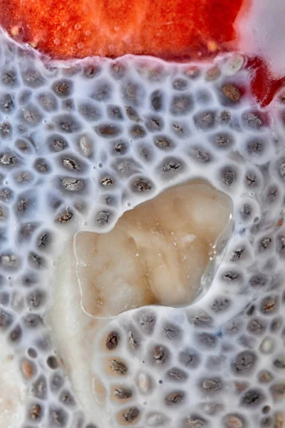 Homemade Yogurt Chia Seeds Halves Ripe Strawberry — Stock Photo, Image