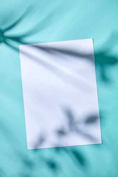Чистий Білий Аркуш Паперу Красивими Тінями Листя Синьому Фоні — стокове фото