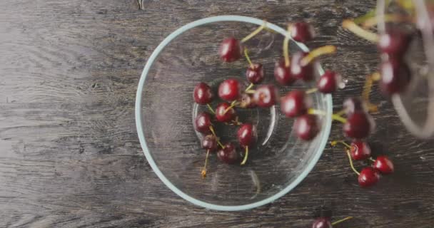 Pile Fresh Ripe Cherries Falling Glass Bowl Video — Stock Video