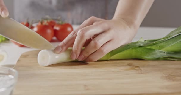 Θηλυκό Σεφ Μαγείρεμα Σαλάτα Γυναικεία Χέρια Onion Ξύλινη Σανίδα Κοπής — Αρχείο Βίντεο