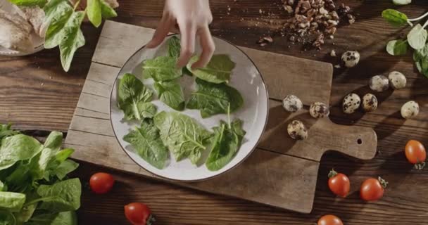 Manos Femeninas Cocinar Pollo Ensalada César Con Hojas Espinaca Carne — Vídeo de stock