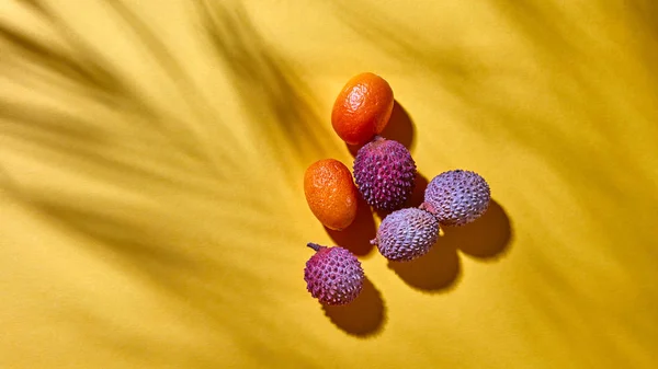 Composition Litchi Exotiques Tropicaux Fruits Kumquat Sur Fond Jaune — Photo