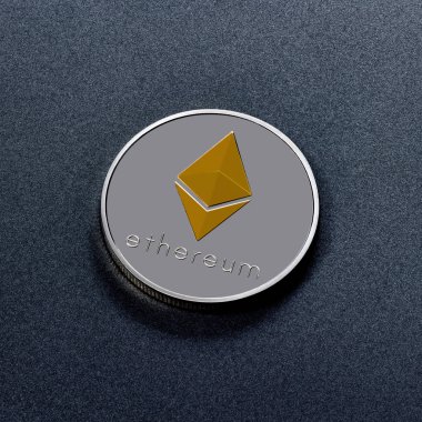 Karanlık bir arka plan üzerinde temsil altın simgesiyle Ethereum sikke gümüş. Dünya çapında cryptocurrency ve dijital ödeme sistemi için kavramsal görüntü. Üstten görünüm