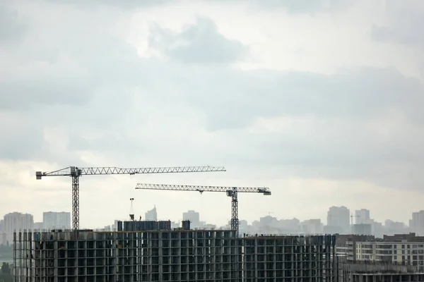Aerial Shooting Drone Construction Site Cranes Background Cityscape Cloudy Sky — Stock Photo, Image