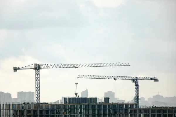 Building Construction Two Tower Cranes Gray Cloudy Sky Photo Drone — Stock Photo, Image