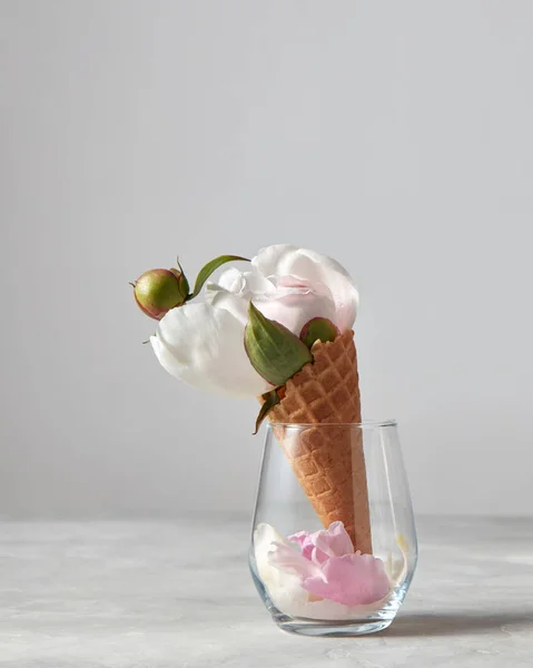 Glass Vase White Peony Waffle Cone — Stock Photo, Image