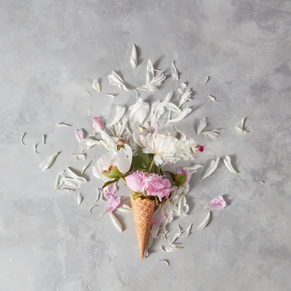 Delicadas Flores Peônia Rosa Branca Cone Bolacha Mesa Pedra Cinza — Fotografia de Stock